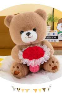 Cute brown teddy bear plush toy holding a red rose bouquet, soft doll ornament detail.