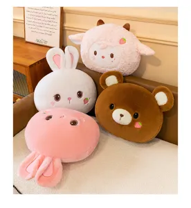 Cute cartoon animal plush pillow detail showing soft fabric, cute rabbit and bear pillow designs.