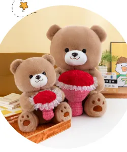 Detailed close-up shot of cute brown plush teddy bear holding red rose bouquet decor.