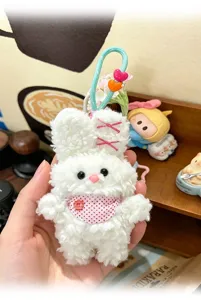 Cute white rabbit plush keychain, soft fluffy toy pendant for bag decoration and lovely gift.