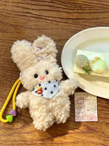 Cute fluffy plush rabbit pendant toy, soft bunny doll with lanyard for bag charm and gift.