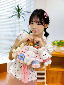 Cute plush rabbit keychain, soft stuffed bunny doll pendant with lovely dress for bag decor.
