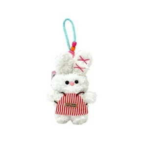 Cute fluffy white bunny rabbit plush toy keychain with red striped apron bag pendant gift item.