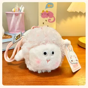 Cute fluffy sheep plush bag charm keychain, soft stuffed animal doll pendant for keys and bags.