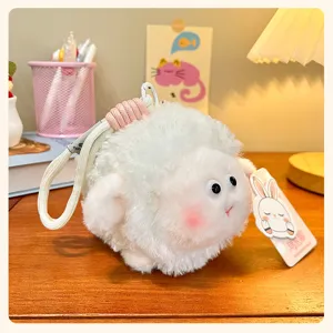 Cute fluffy round sheep plush pendant keychain, soft stuffed animal bag charm for daily use.