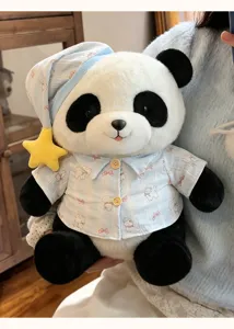 Schattige panda pluche knuffel met blauwe gestreepte pyjama en slaapmuts zachte pop cadeautje