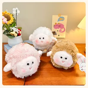 Cute fluffy round sheep plush pendant toy, soft stuffed lamb bag charm and keychain doll.