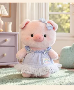 Cute plush pig toy with blue striped dress soft stuffed animal birthday gift for kids girls