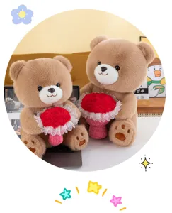 Cute plush brown teddy bear holding red rose bouquet toy perfect for romantic valentine gift