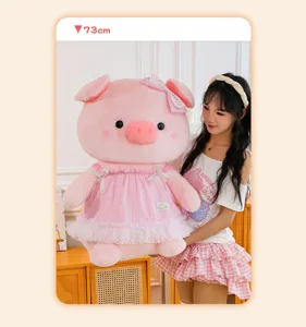 Giant pink plush pig stuffed animal toy with cute dress and bow, soft hugging pillow 73cm