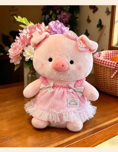 Cute pink plush pig doll detail showcasing soft fabric, striped dress, and delicate bow.