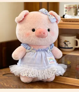 Cute pink pig plush toy with blue striped dress and bow, soft stuffed doll for kids and gifts.