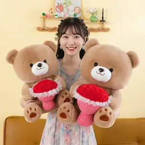 Cute brown teddy bear plush toy holding red rose bouquet soft doll gift for girls valentine
