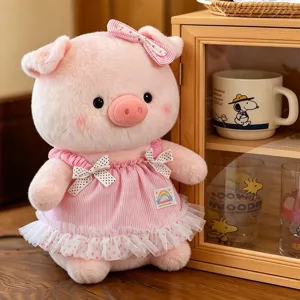 Cute pink plush pig doll toy with pretty dress and bow, perfect birthday gift for lovely kids.
