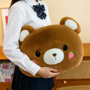 Cute brown bear plush pillow, soft stuffed animal cushion for office and bedroom decor.