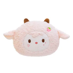 Cute pink lamb plush toy round pillow with strawberry embroidery for kids room decor.
