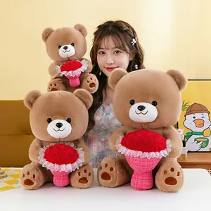 Cute brown plush bear holding rose bouquet stuffed animal toy Valentine gift girl room decor