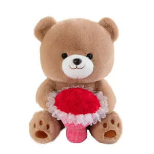 Cute brown teddy bear plush toy holding a red rose bouquet, perfect for Valentine's Day gift.