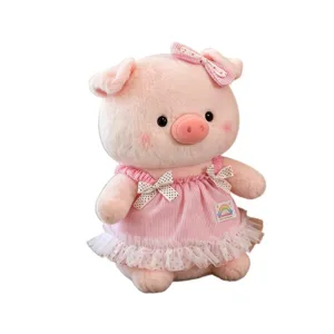Cute pink pig plush toy with lovely dress and bow, soft stuffed doll for kids birthday gift.