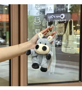 Cute grey plush donkey keychain with button nose, soft stuffed animal bag charm for keys.