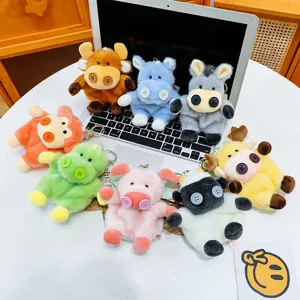 Creative Funny Button Eyes Bean Bag Plush Toy Keychain Animal Stuffed Calf Dinosaur Sheep Pig Monkey Doll Gift Desktop Companion
