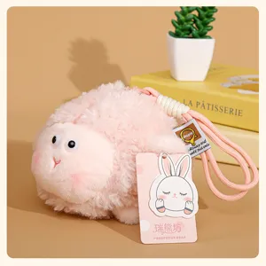 Cute round sheep plush pendant keychain, soft fluffy animal doll bag charm for daily use.