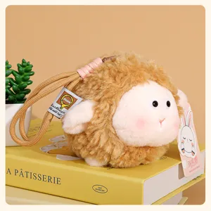 Cute round fluffy sheep plush toy pendant bag charm keychain, soft stuffed doll decoration.