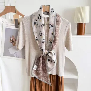 Double-sided silk wool blend scarf with cute panda and bamboo print for women elegant tie.