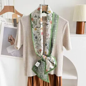 Silk wool blend ribbon scarf with floral print and green geometric border for women elegant.