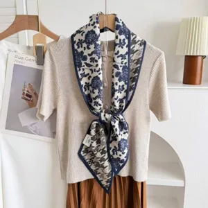 Silk wool blend double layer ribbon scarf, elegant floral and houndtooth pattern versatile accessory.