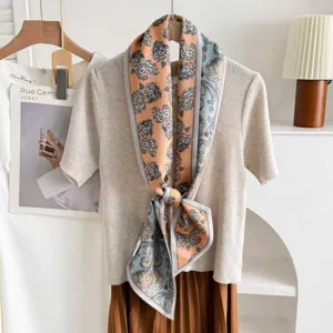 Silk wool blend double-sided paisley ribbon scarf, elegant neckerchief for women