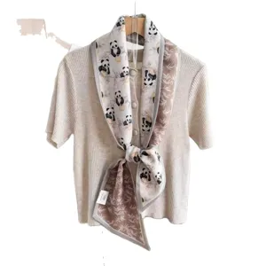 Silk wool blend scarf with cute panda bamboo print, double-sided elegant fashion ribbon tie.
