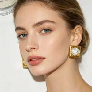 Exquisite square clock earrings featuring retro gold frame and Roman dial design.