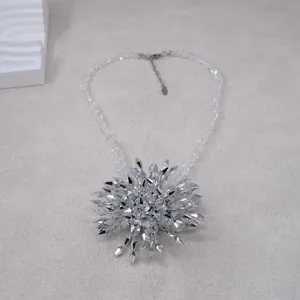 Detailed view of silver crystal flower pendant necklace with clear beaded chain design.