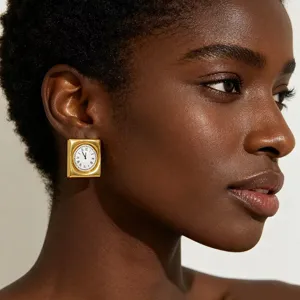 Vintage gold square clock stud earrings for women elegant daily commute jewelry accessory