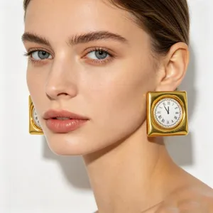 Retro gold square clock earrings, elegant surrealist design, chic daily vintage jewelry.