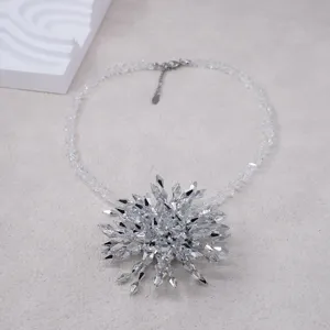 Elegant crystal flower pendant statement necklace with clear beaded chain for women fashion.