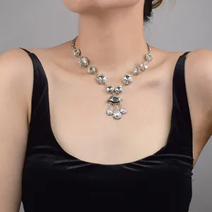 Retro Vintage Evil Eye Crystal Artificial Pearl Necklace Women Fashion Silver Alloy Rhinestone Choker Jewelry