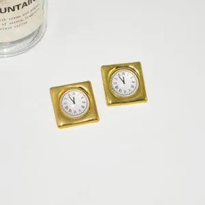 Vintage square clock earrings, elegant gold metal frame with classic Roman numerals, chic daily wear.