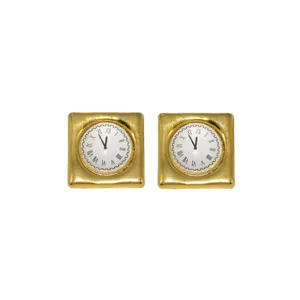 Detailed view of vintage square gold earrings featuring a classic white roman numeral clock face.
