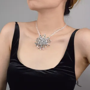 Silver starburst crystal pendant necklace with delicate beaded chain for women, elegant clavicle.