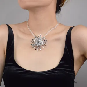 Detailed shot of a sparkling crystal starburst pendant necklace on model, elegant neck jewelry.