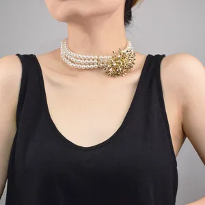 Multi Layer Imitation Pearl Necklace For Women Golden Firework Ball Clavicle Chain Elegant Dinner Party Choker Jewelry