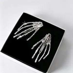 Silver rhinestone skeleton hand hair clip, gothic style side bangs hairpin in gift box