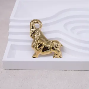 Detailed close-up shot of a vintage 3D golden ram brooch, elegant suit accessory fashion.