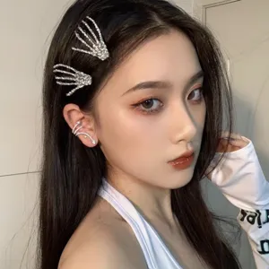 Rhinestone skeleton hand hair clips and ear cuff set, gothic style chic hair accessories for women.