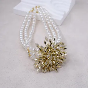Elegant three-layer faux pearl necklace with stunning gold firework pendant for evening party.