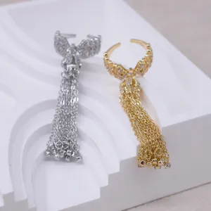 European and American light luxury bow tassel ring open zircon long chain index finger ring