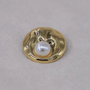 French vintage shell pearl brooch, textured metallic pleated pin for suit coat apparel
