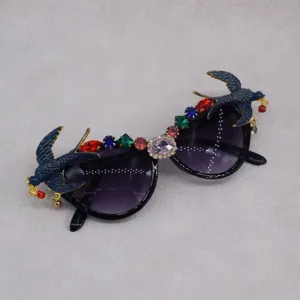 Heavy work 3D swallow crystal sunglasses, luxury party fashion sun eyewear detail.